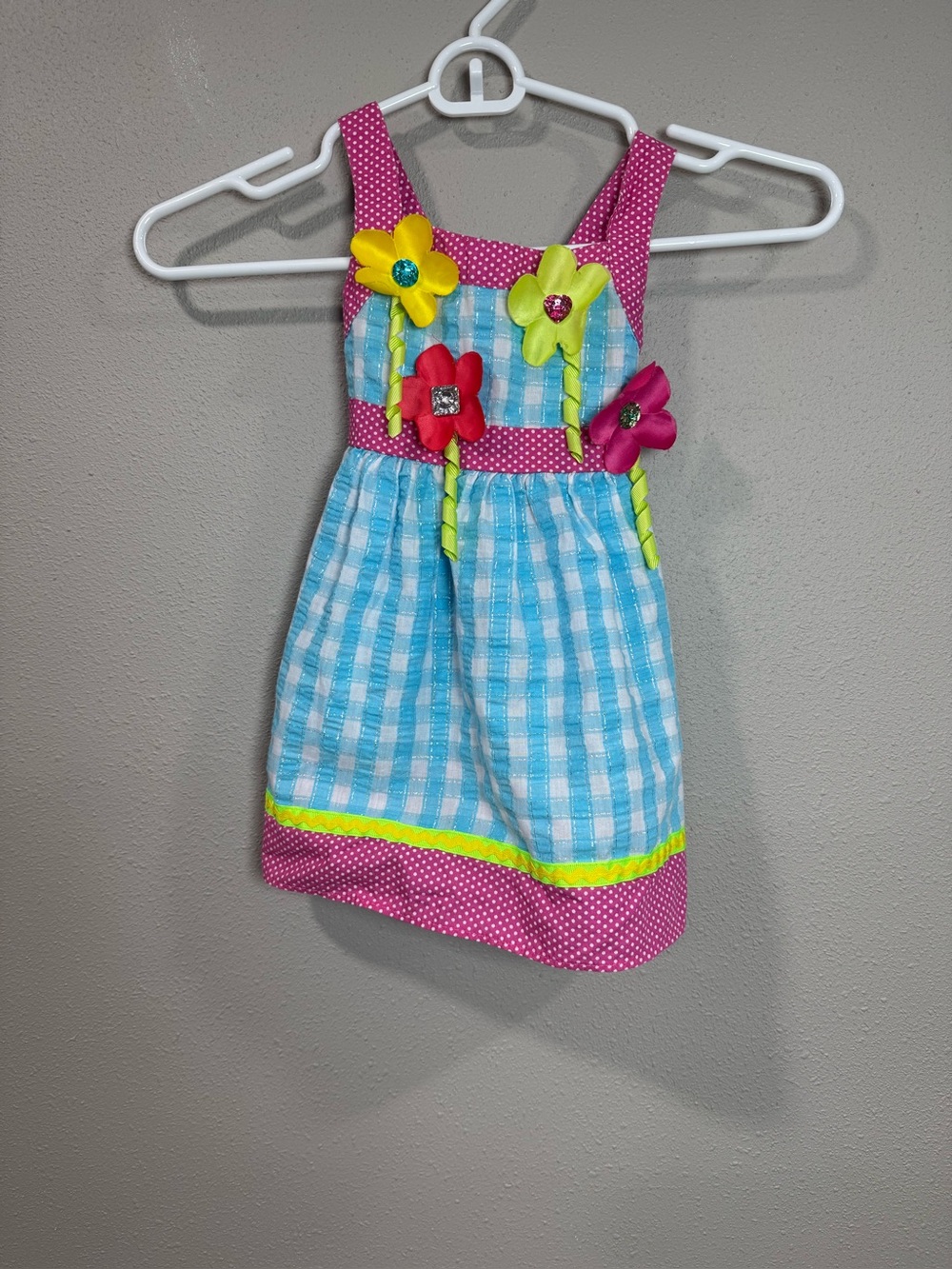 Youngland Blue Gingham Dress with Pink Polka-Dot Trim and Bright Flower Accents